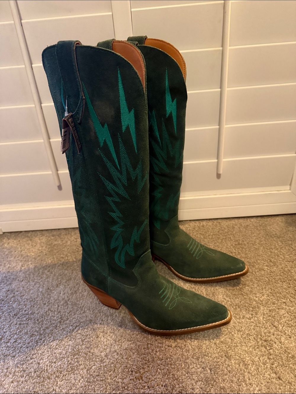 Green Suede Western Knee-High Boots with Teal Stitching